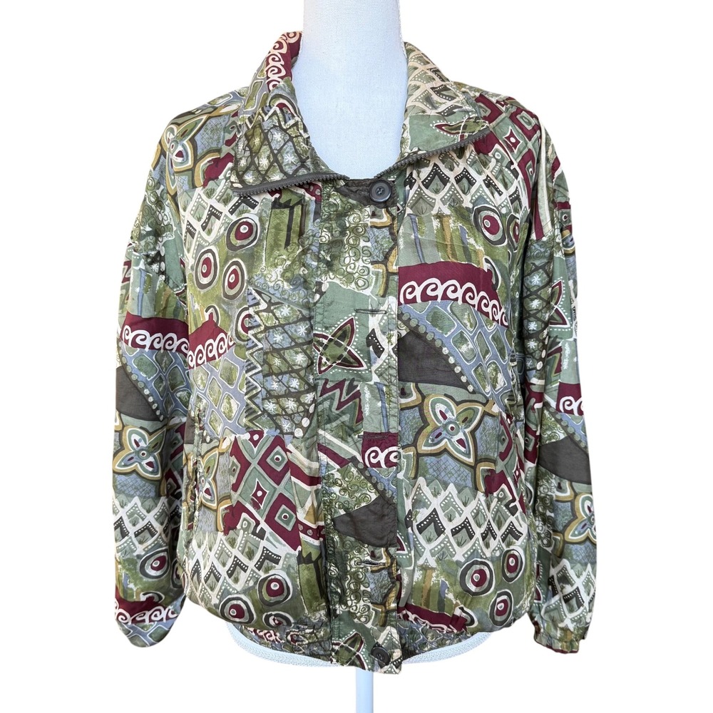 Stunt Petite Vintage 100% Silk Abstract Geometric Bomber Jacket Green PL